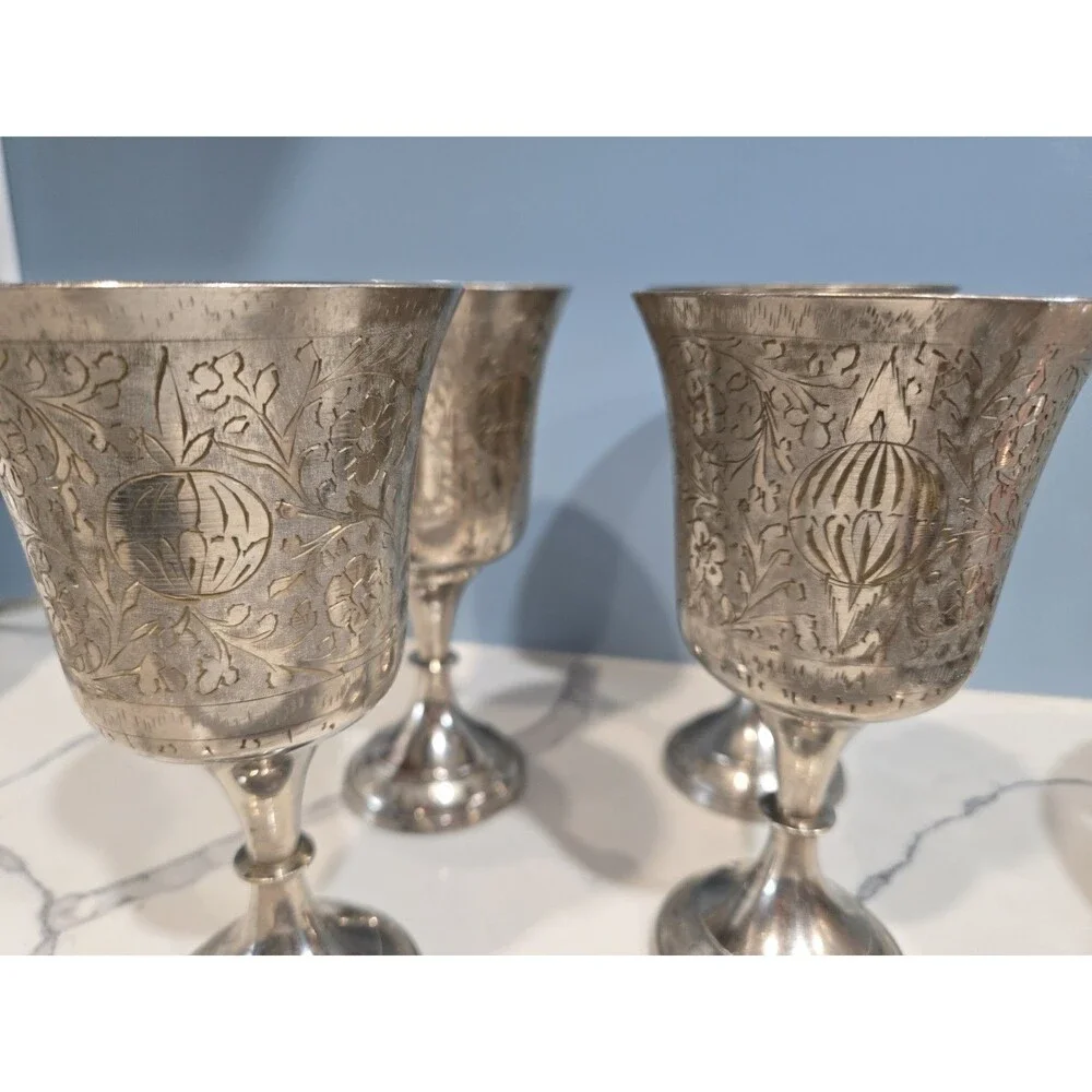 Vintage 'Worldgift, Z.Y. India' Etched Silverplate Goblets~Set of 4